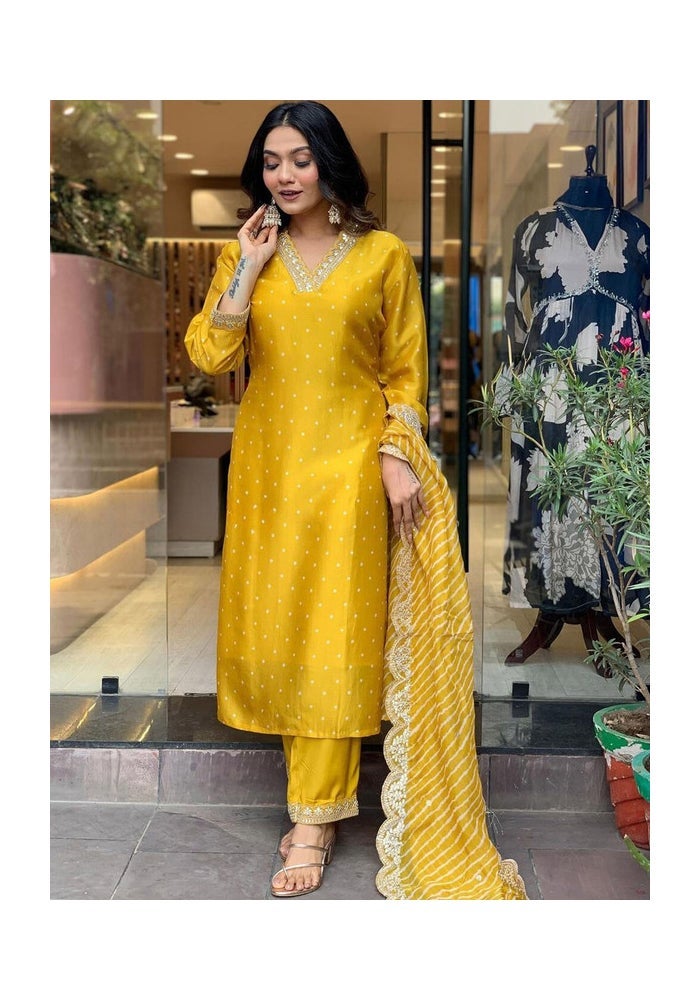 Malishka Export Chanderi Embroidery Yellow Kurta Pant With Dupatta for Women - Image 5